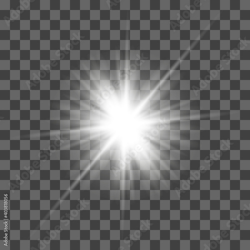 White glowing light flashes with transparent. Vector illustration for decorating cool effect with sequins rays. Bright Star. Transparent
background, bright flash.