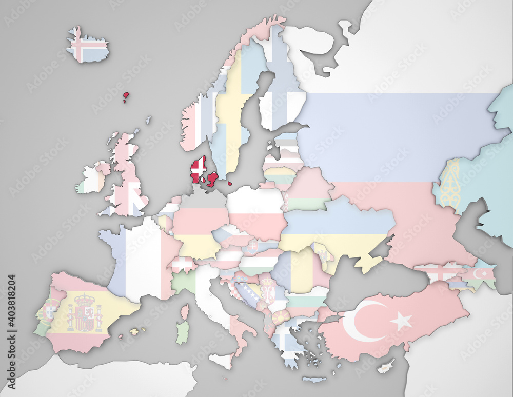 Fototapeta premium 3D Europakarte auf der Dänemark hervorgehoben wird und die restlichen Flaggen transparent sind