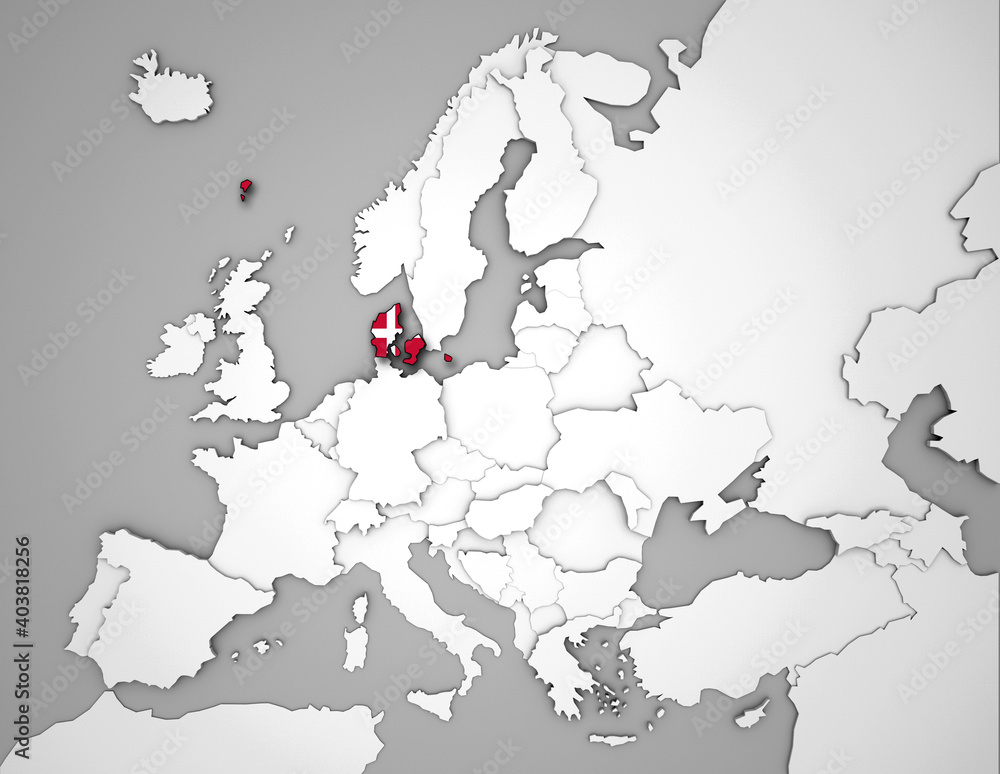 Fototapeta premium 3D Europakarte auf der Dänemark hervorgehoben wird 