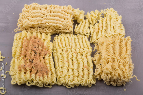 dried instant noodles, isolated on gray background.