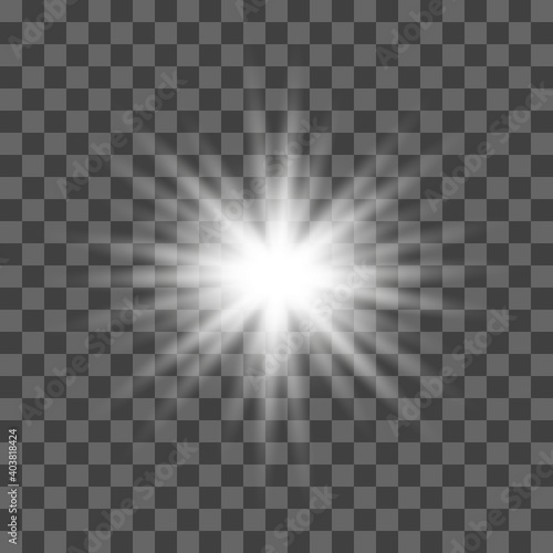 White glowing light flashes with transparent. Vector illustration for decorating cool effect with sequins rays. Bright Star. Transparent
background, bright flash.
