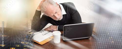 Portrait of overworked senior businessman; multiple exposure