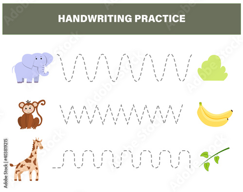 Handwriting practice for preschool children. Tracing lines with colorful elephant, monkey, giraffe Educational kids game. Worksheet for kids