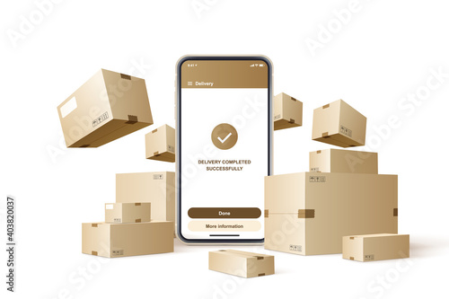 Parcels, and phone isolated on white background. Concept for fast delivery service. Vector illustration