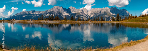 Photos High resolution stitched panorama of a beautiful alpine summer view with reflect