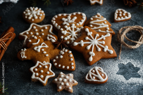 Christmas gingerbread. Delicious gingerbread cookies with honey, ginger and cinnamon. Winter composition. Great for New Year's or Christmas designs