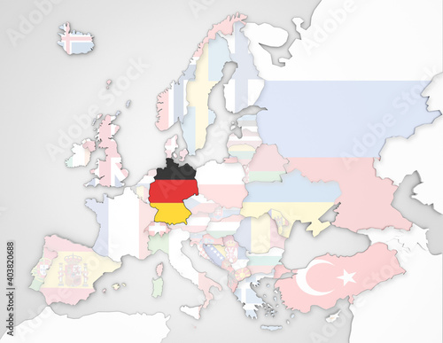 3D Europakarte auf der Deutschland hervorgehoben wird und die restlichen Flaggen transparent sind	