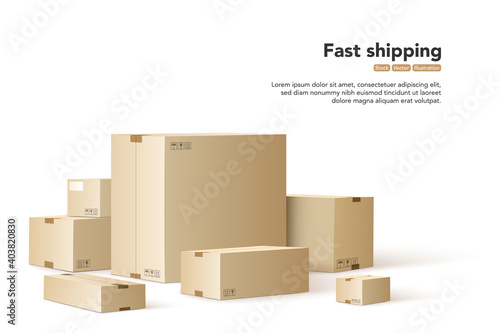 Realistic parcels with shadow isolated on white background. Concept for fast delivery service. Composition for a trendy banner, poster or greeting card. Vector illustration