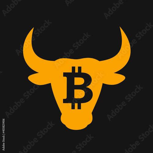 Bitcoin and bull as metaphor of bull market - positive and optimist financial investment and trading leading to expensive valuation of digital currency and money. Vector illustration.