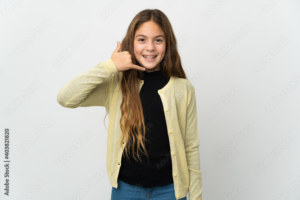 Little girl over isolated white background making phone gesture. Call me back sign Little girl over isolated white background making phone gesture. Call me back sign