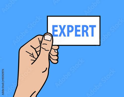 hand holding card with expert inscription, vector illustration 
