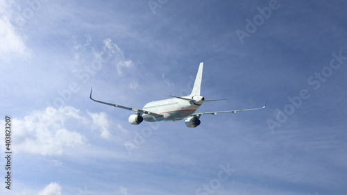Zoom photo of passenger airplane taking off in cloudy deep blue sky © aerial-drone