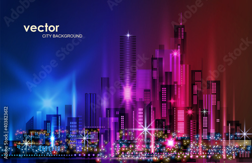 City Skyline Night cityscape with illuminated buildings and road, illustration with architecture, skyscrapers, megapolis, buildings, downtown.