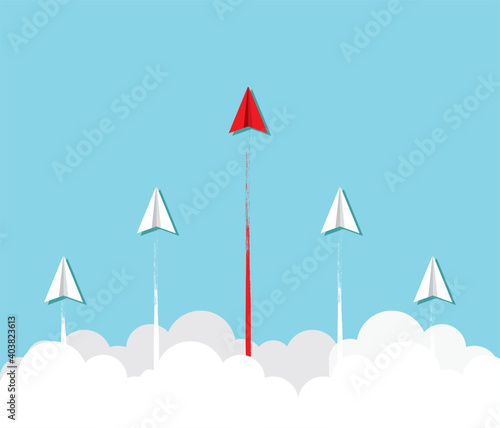 Paper plane go to success vector business financial concept start up, leadership, creative idea symbol paper art style illustration.  Creative an effort to get ahead in the ranking.