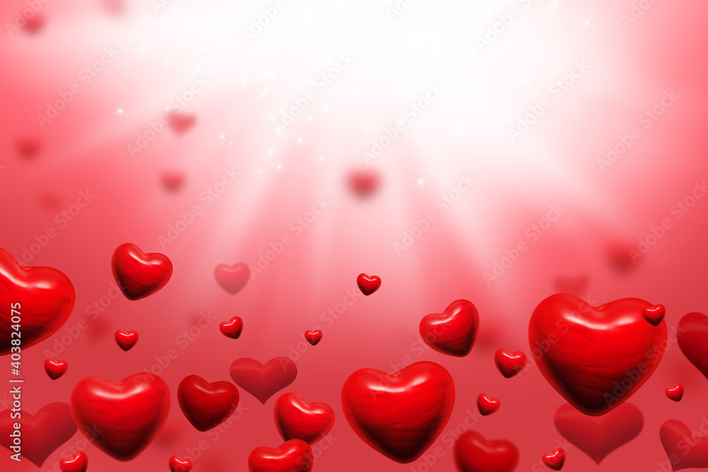 red hearts on pink abstract background for valentines day greeting card or festive wallpaper. Copy space for text in the upper half of the image. 3D illustration
