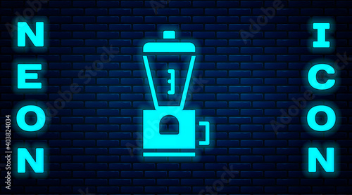Glowing neon Electric coffee grinder icon isolated on brick wall background. Vector Illustration.