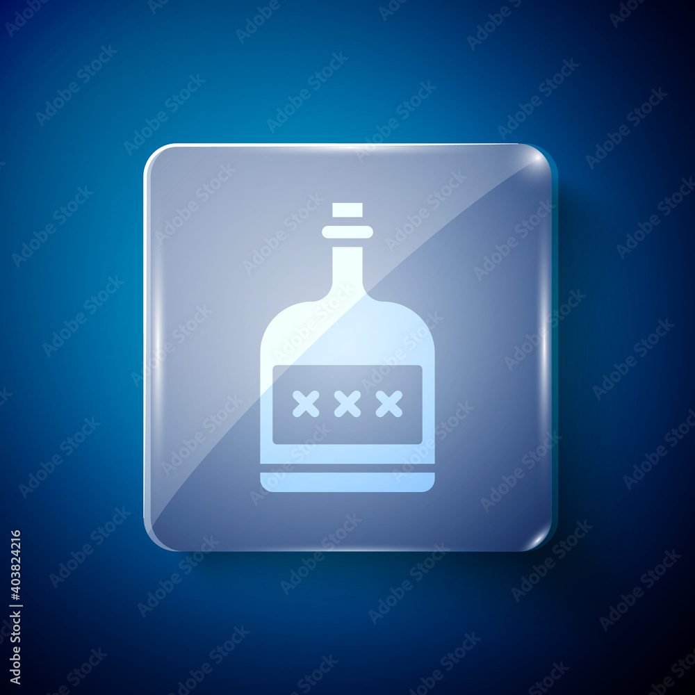 White Alcohol drink Rum bottle icon isolated on blue background. Square glass panels. Vector Illustration. White Alcohol drink Rum bottle icon isolated on blue background. Square glass panels. Vector Illustration.