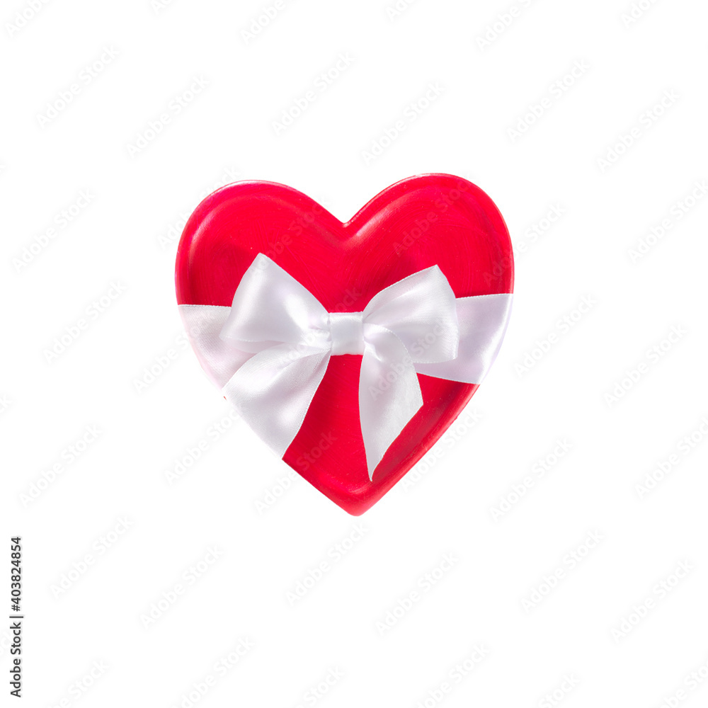 Red heart tied with a white ribbon with a bow, isolated on a white background. Sample for valentine's day project Red heart tied with a white ribbon with a bow, isolated on a white background. Sample for valentine's day project