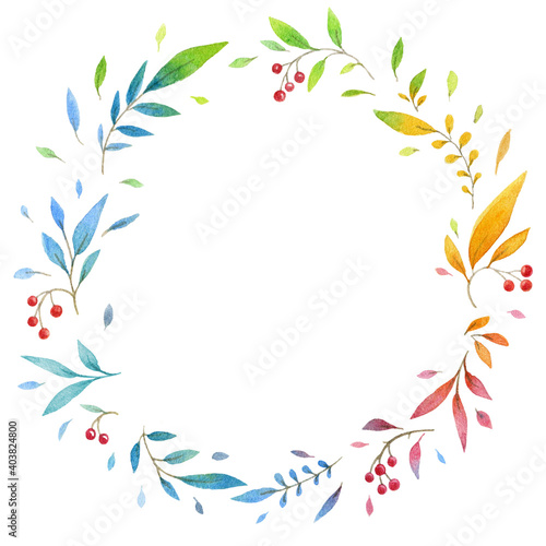 frame leaves and red berries, border in circle, decoration in cartoons watercolor style, decorative pattern, colorfull green blue red yellow and orange elements in ornament, spring or summer card