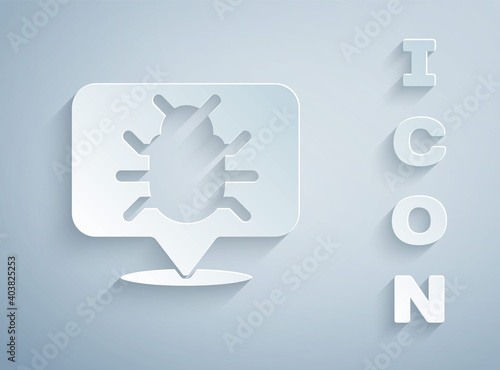 Paper cut System bug concept icon isolated on grey background. Code bug concept. Bug in the system. Bug searching. Paper art style. Vector.