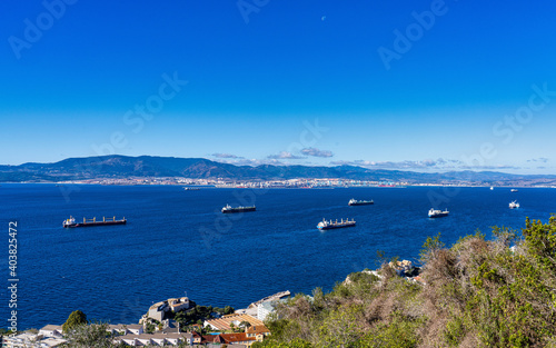 Panoramic view of the port of Gibraltar and the bay of Algeciras full of boats