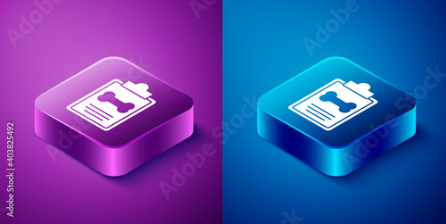 Isometric Clipboard with medical clinical record pet icon isolated on blue and purple background. Health insurance form. Medical check marks report. Square button. Vector.