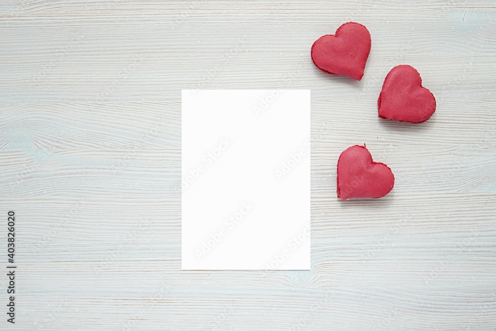 Blank card mockup, empty Valentines day greeting card and heart shape cookies, top view, love letter, romantic concept. Blank card mockup, empty Valentines day greeting card and heart shape cookies, top view, love letter, romantic concept.