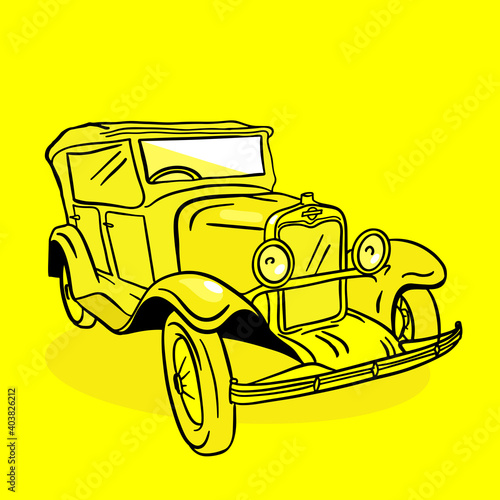 Retro car sketch on yellow background. Vintage vector illustration.