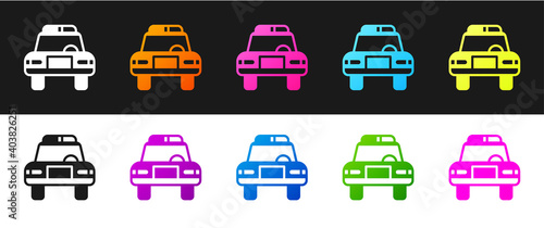 Set Police car and police flasher icon isolated on black and white background. Emergency flashing siren. Vector.