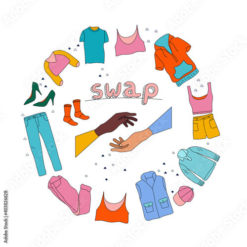 Swap party in doodle style.Hands are making exchange.Giving your wardrobe second chance banner.Clothes donation and charity concept.Garment items are around.Contribution in Eco lifestyle,recycling.