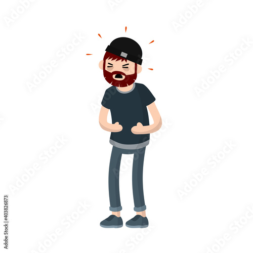 Young man holding his stomach. Guy with griping. Vector medical illustration flat design isolated on white background