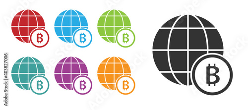 Black Globe and cryptocurrency coin Bitcoin icon isolated on white background. Physical bit coin. Blockchain based secure crypto currency. Set icons colorful. Vector.