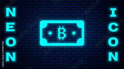 Glowing neon Cryptocurrency bitcoin icon isolated on brick wall background. Blockchain technology, digital money market. Vector.