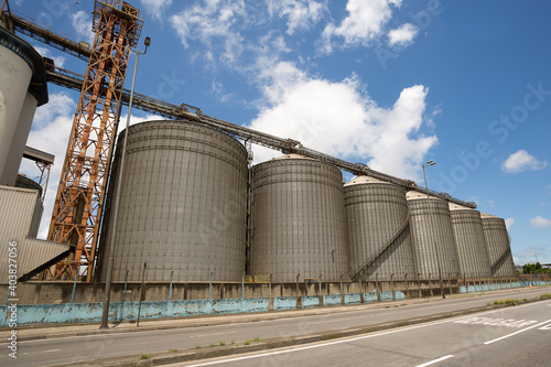 Metal silos for storage of agricultural products in the Port of Santos, Brazil.