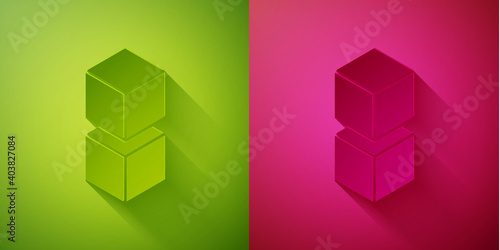 Paper cut Blockchain technology icon isolated on green and pink background. Cryptocurrency data. Abstract geometric block chain network technology business. Paper art style. Vector.