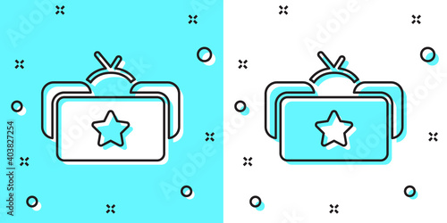 Black line Ushanka icon isolated on green and white background. Russian fur winter hat ushanka with star. Soviet Union uniform of KGB and NKVD. Random dynamic shapes. Vector.