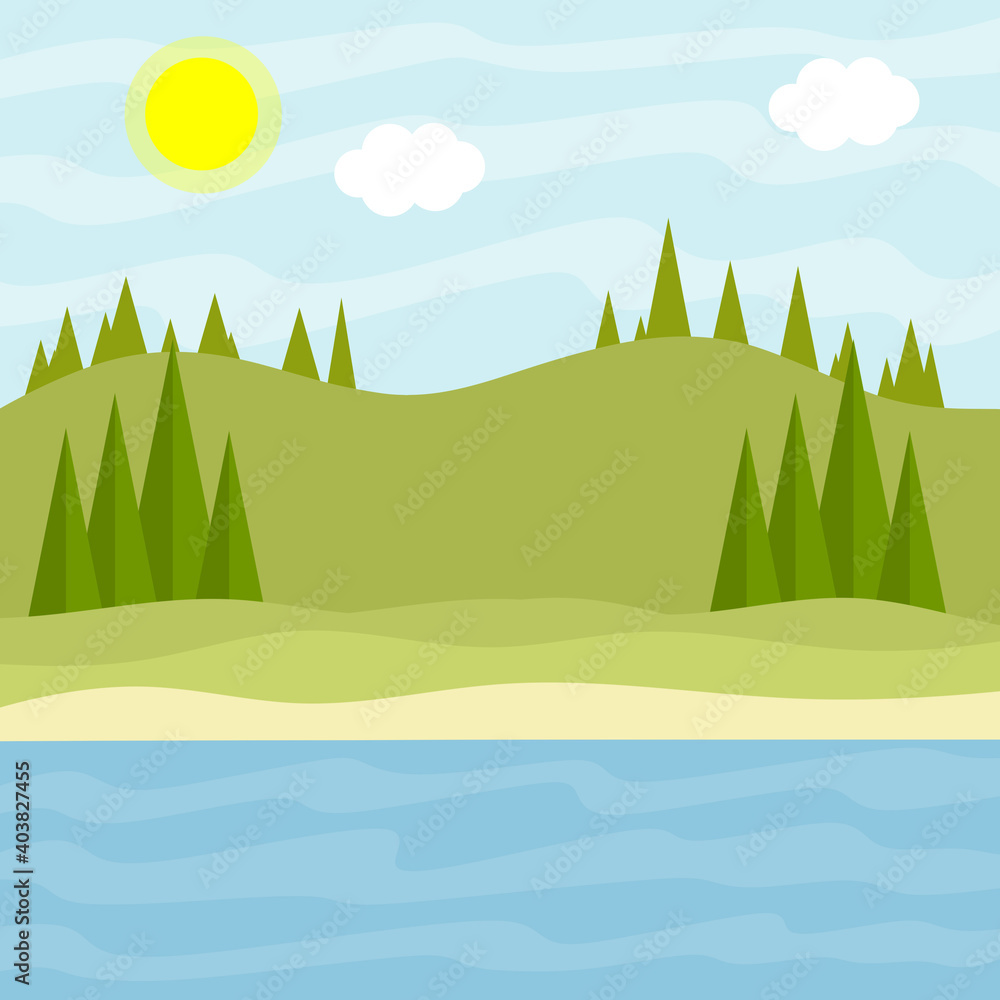 Obraz premium Natural scenery. Green grass, trees. Forest lake and pond. Beautiful summer place to relax and landscape. Cartoon flat illustration