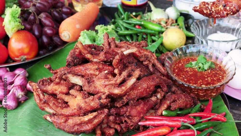 Close up shot, person hand Dipping Crispy chicken feet on Spicy sauce - Thai delicacy Close up shot, person hand Dipping Crispy chicken feet on Spicy sauce - Thai delicacy