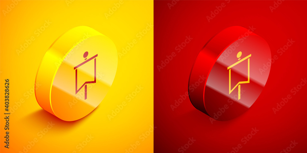 Isometric Medieval flag icon isolated on orange and red background. Country, state, or territory ruled by a king or queen. Circle button. Vector. Isometric Medieval flag icon isolated on orange and red background. Country, state, or territory ruled by a king or queen. Circle button. Vector.