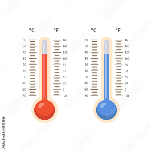 Thermometer of cold and heat. Winter and summer temperature scale isolated on white backgrund.