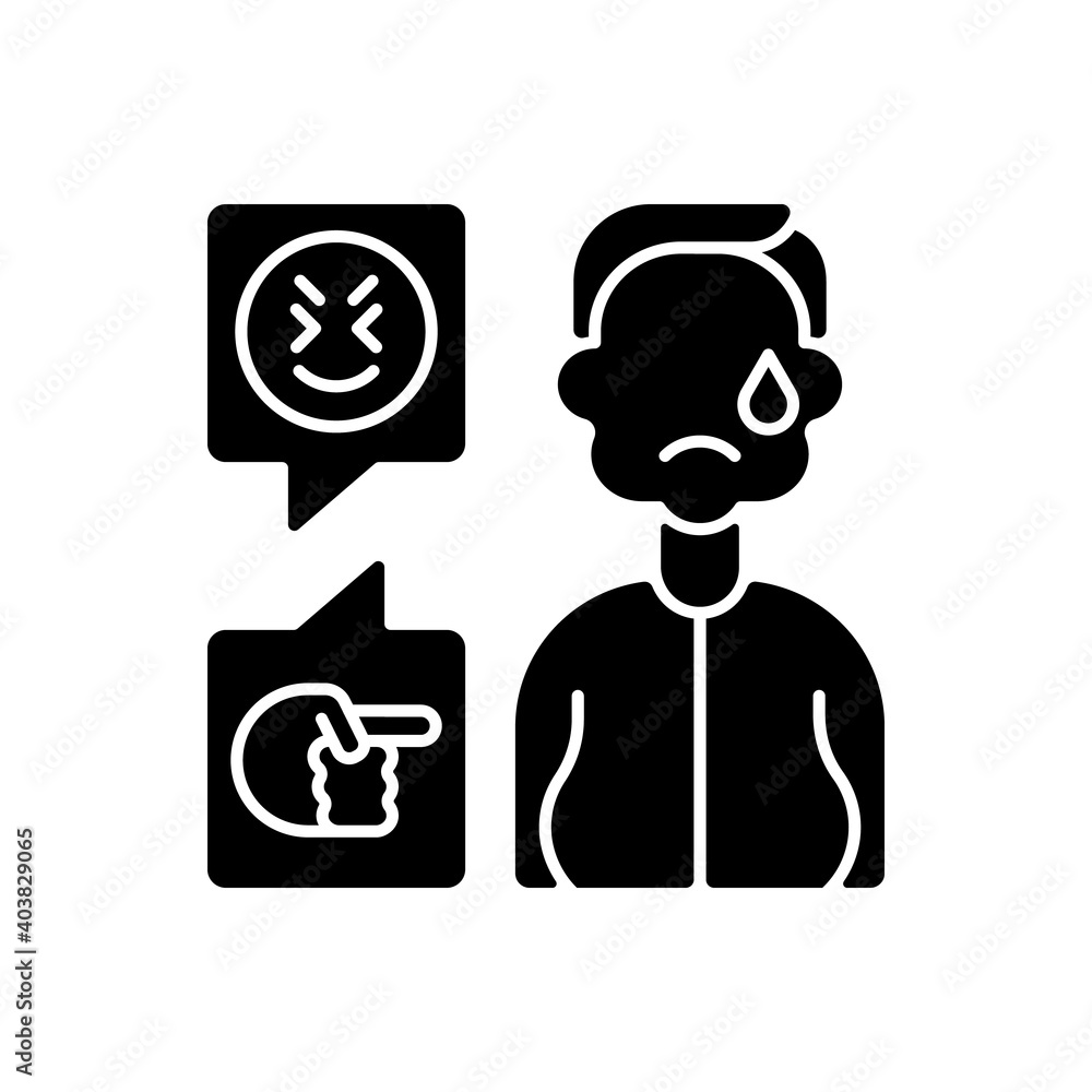 Weight-based cyberbullying black glyph icon. Bodyshaming online. Offensive comment to overweight person. Upset victim of cyberharassment. Silhouette symbol on white space. Vector isolated illustration