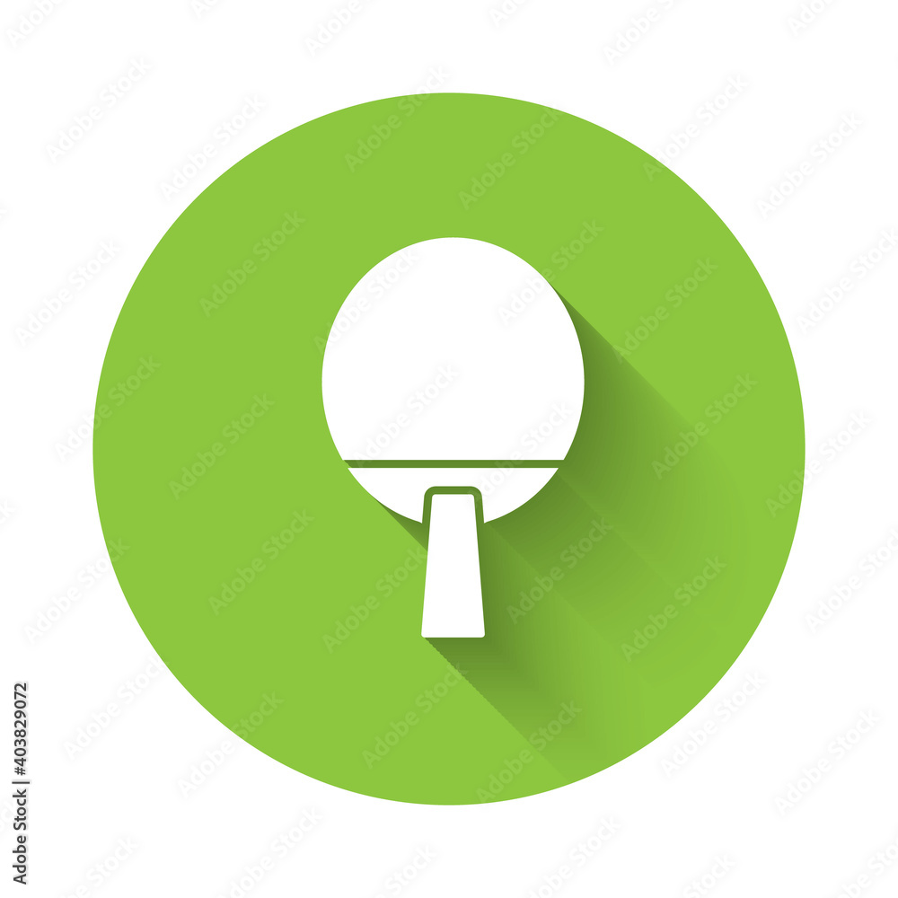 White Racket for playing table tennis icon isolated with long shadow. Green circle button. Vector. White Racket for playing table tennis icon isolated with long shadow. Green circle button. Vector.