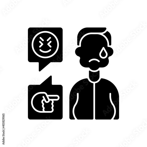 Weight-based cyberbullying black glyph icon. Bodyshaming online. Offensive comment to overweight person. Upset victim of cyberharassment. Silhouette symbol on white space. Vector isolated illustration