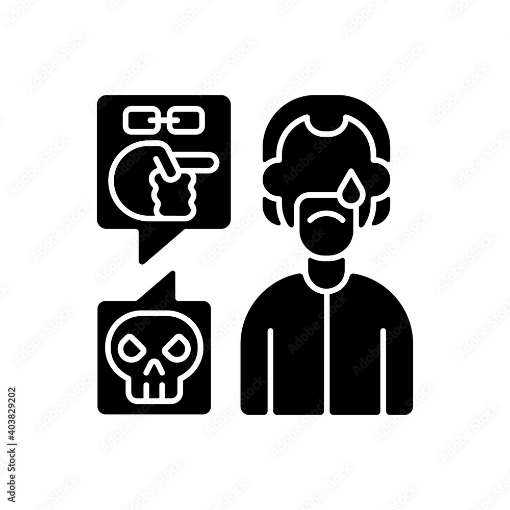 Racial cyberbullying black glyph icon. Discrimination by ethnicity. Negative comment towards upset person. Prejudice and hate. Silhouette symbol on white space. Vector isolated illustration Racial cyberbullying black glyph icon. Discrimination by ethnicity. Negative comment towards upset person. Prejudice and hate. Silhouette symbol on white space. Vector isolated illustration
