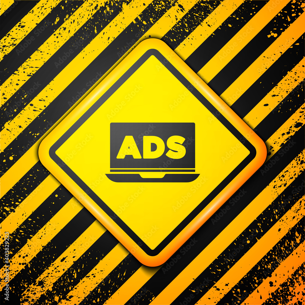 Black Advertising icon isolated on yellow background. Concept of marketing and promotion process. Responsive ads. Social media advertising. Warning sign. Vector. Black Advertising icon isolated on yellow background. Concept of marketing and promotion process. Responsive ads. Social media advertising. Warning sign. Vector.