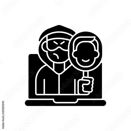 Online impersonation black glyph icon. Cyberbullying and cyberharassment. Internet crime. Online attack on personal privacy. Silhouette symbol on white space. Vector isolated illustration