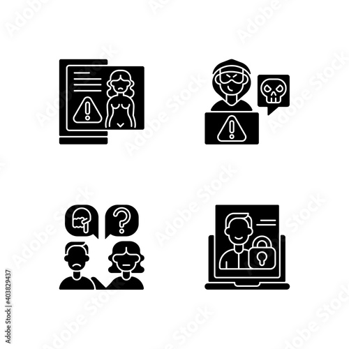 Cyber harassment black glyph icons set on white space. Revenge porn. Cyberstalking on social media. Talk to someone. Victime seek support. Silhouette symbols. Vector isolated illustration