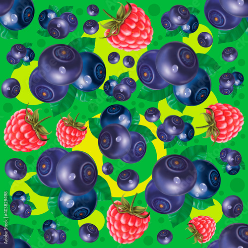 Colored background, geometric seamless pattern of blueberries, raspberry. Print.