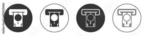 Black ATM - Automated teller machine and money icon isolated on white background. Circle button. Vector.