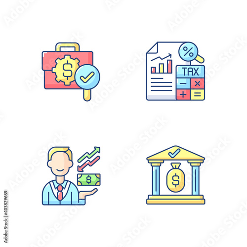Accounting RGB color icons set. Tax accounting of business. Place to store all company financial assets. Controlling every process. Isolated vector illustrations